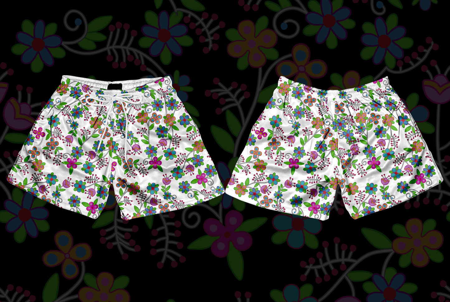 Multi-Color Ojibwe Flower Design Mesh Basketball Shorts